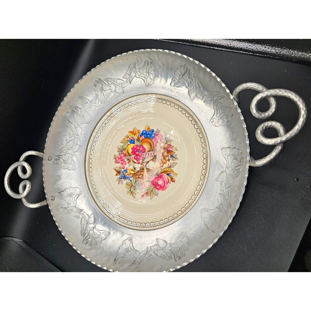 Wilton Pewter & Ceramic Hammered Serving Tray w/ Handles Floral Round MPN 502